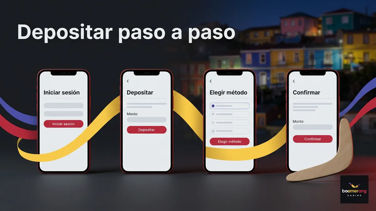 Secuencia de pantallas para depositar paso a paso en BoomerangBet Chile